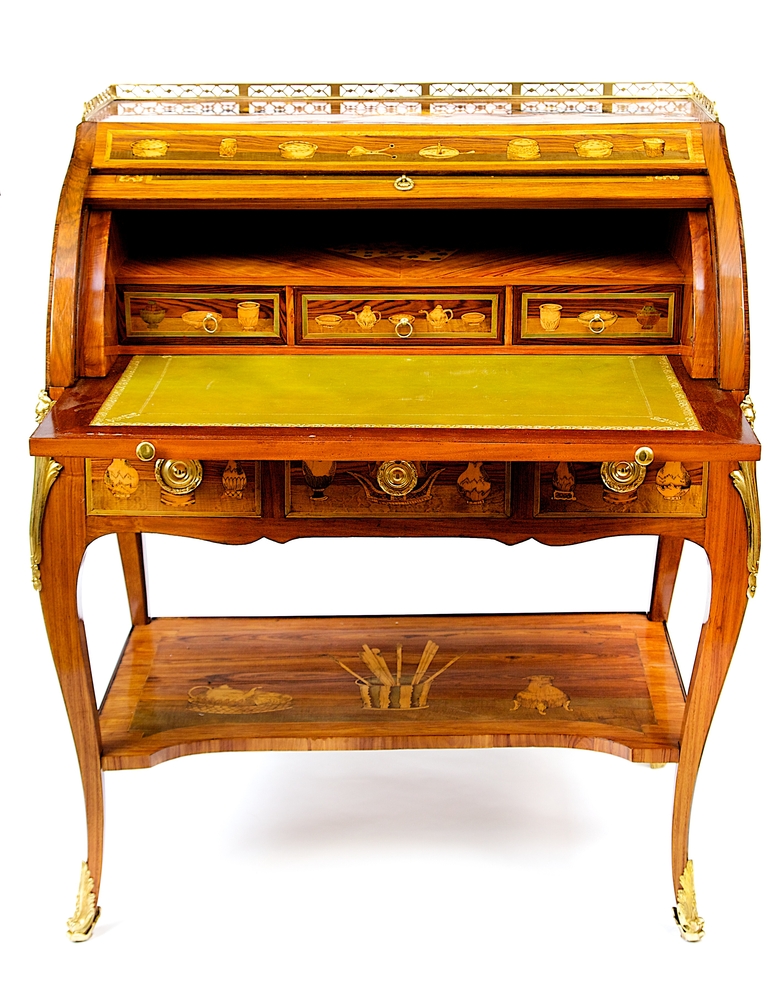 Significant Louis XV Cylinder Bureau with Colorful Inlay Intarsia