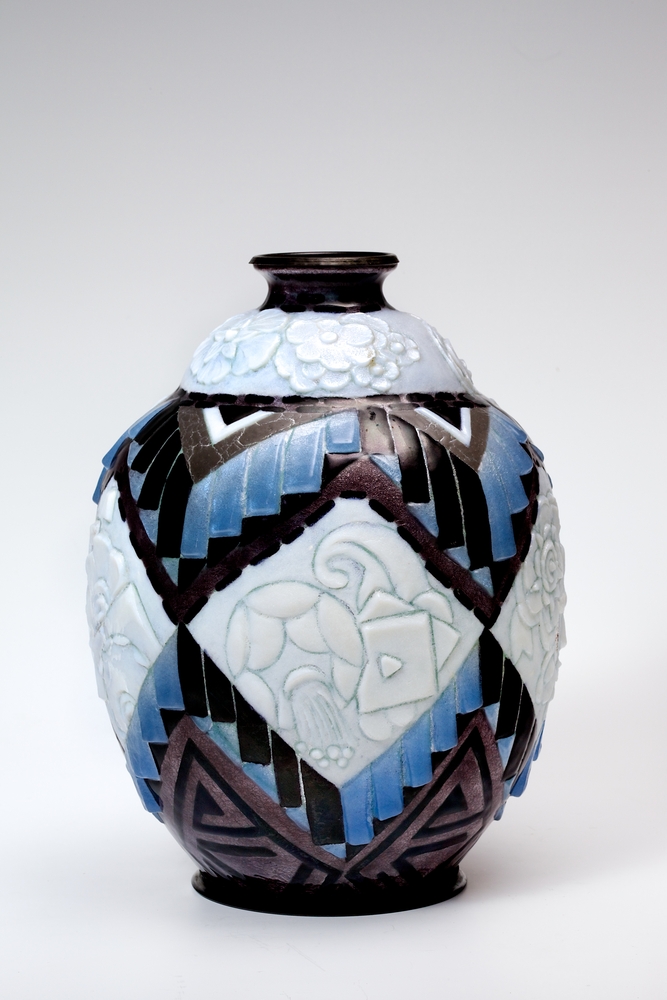 Significant, Large Enameled Metal Vase in Bulbous Form