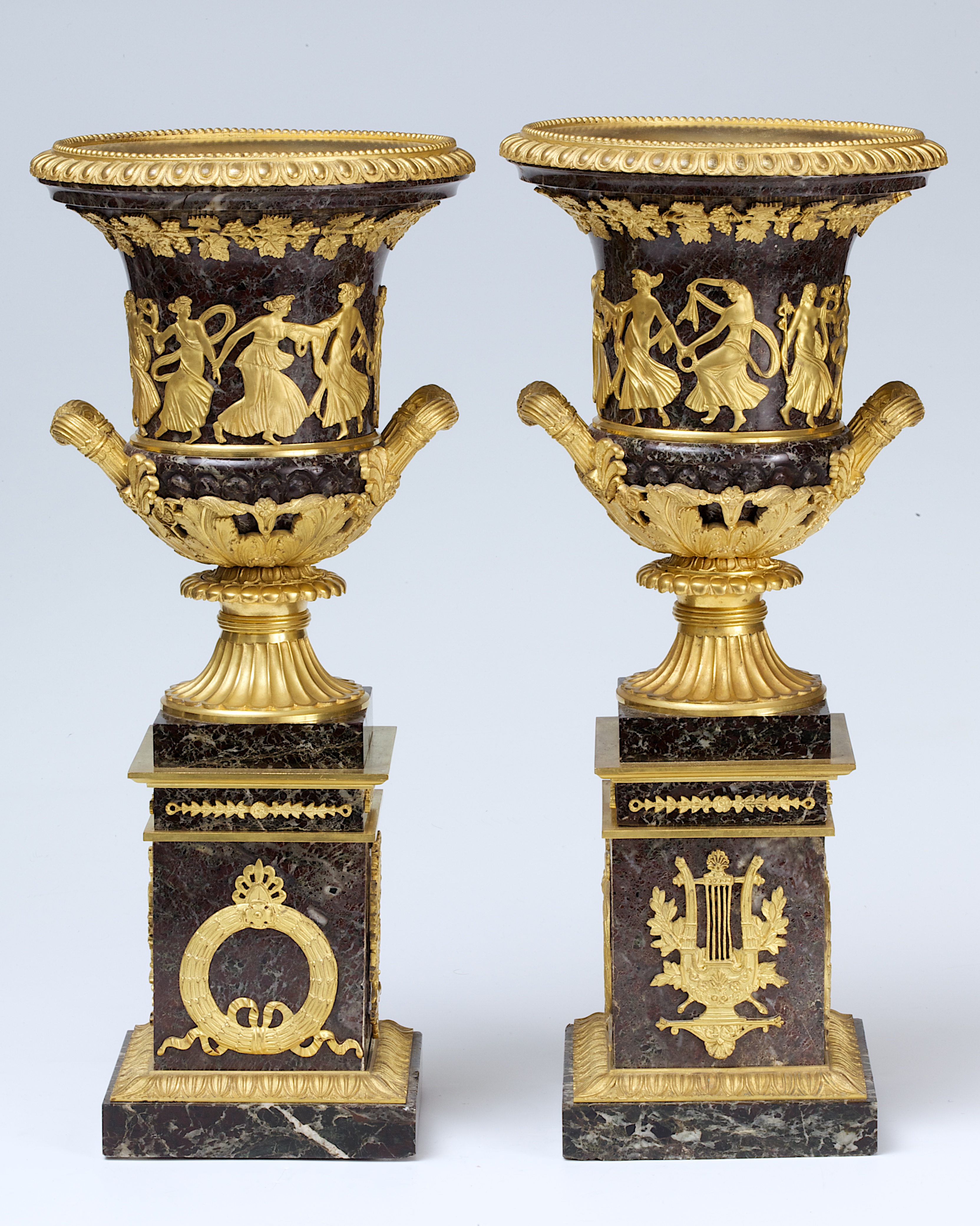 A Pair of Jasper Vases with Gilded Bronze Mounting