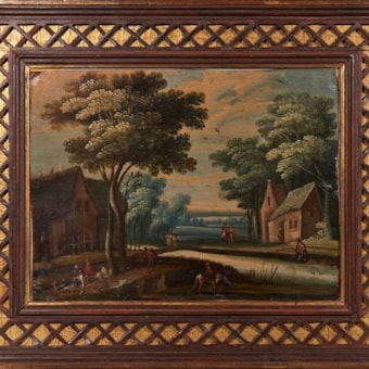 Paysage avec cavalier élégant et personnages
