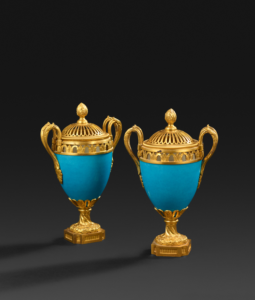 A Pair of Sèvres Bleu Celeste Porcelain Covered Vases with Bronze Decoration