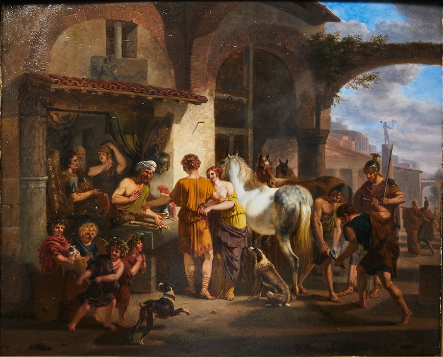 Riche staffage figuratif avec chevaux et chiens devant une forge romaine