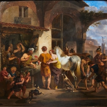 Rich Figure Staffage with Horses and Dogs before a Roman Forge