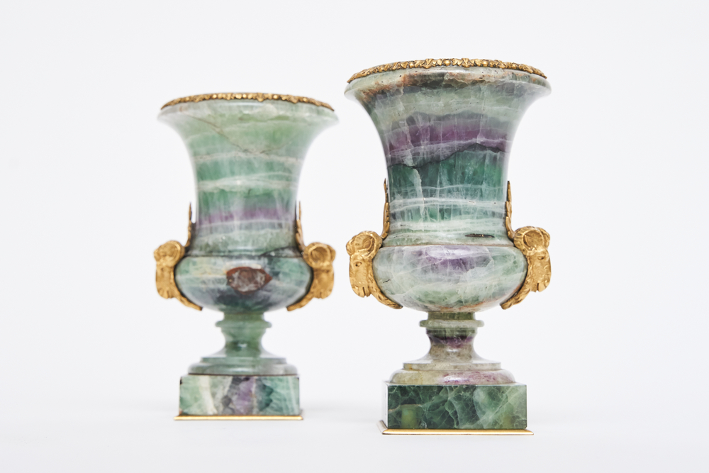 Pair of Small Spath Fluor Vases with Bronze Mounting &quot;aux t&#234;tes de b&#233;lier