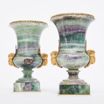 Pair of Small Spath Fluor Vases with Bronze Mounting "aux têtes de bélier