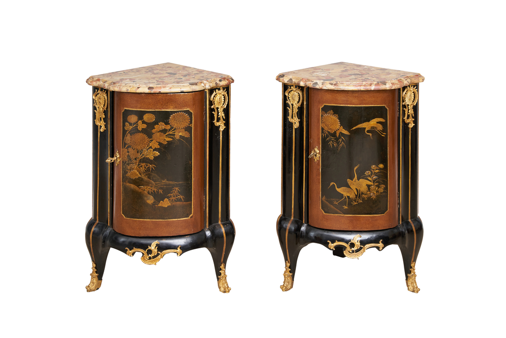 A Pair of Black-Golden Powder Lacquer Corner Cabinets