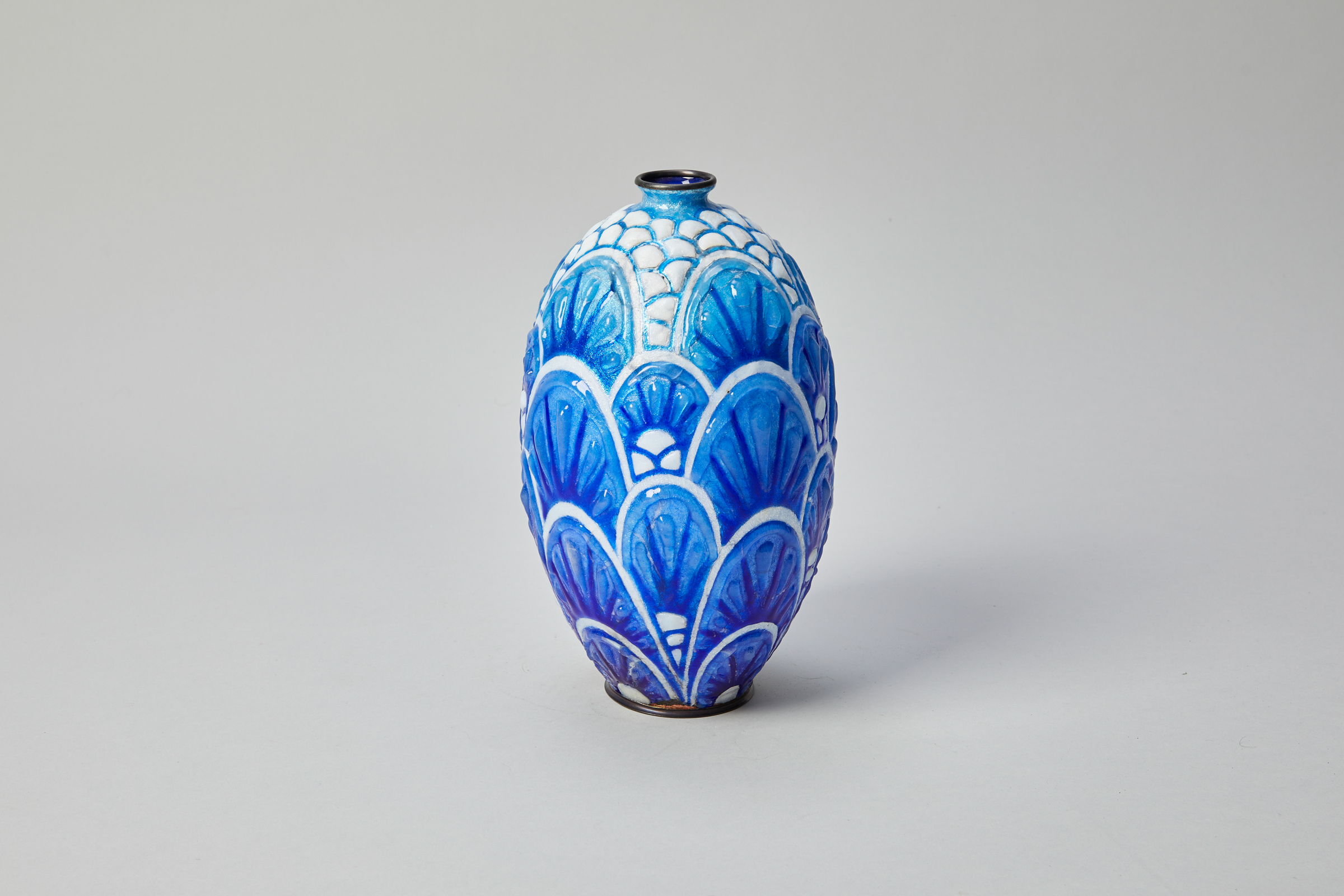 Enameled Copper Vase in shades of blue with palmette pattern, later copper bottom and ring