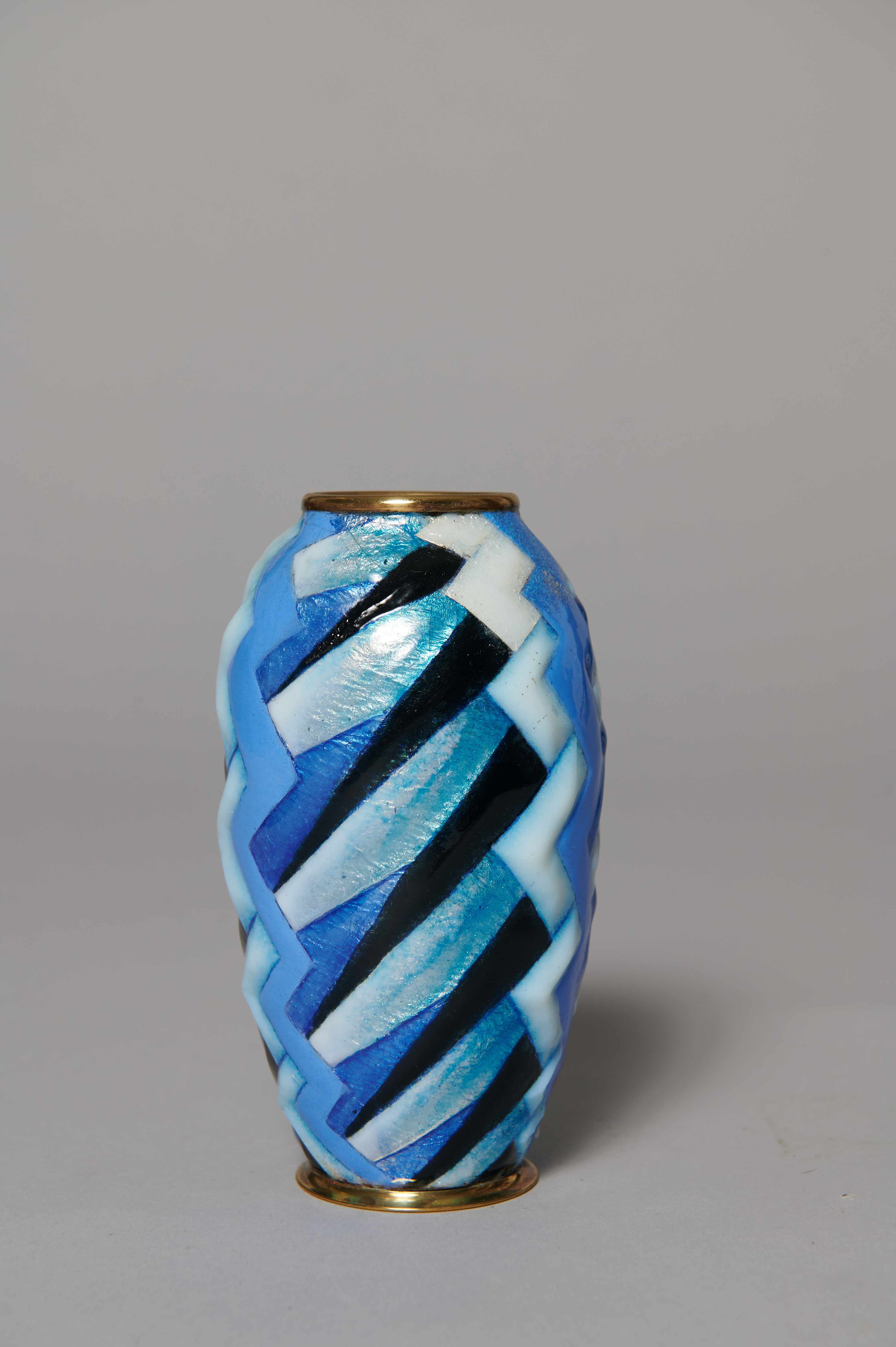 Enameled copper vase Shades of blue in geometric patterns