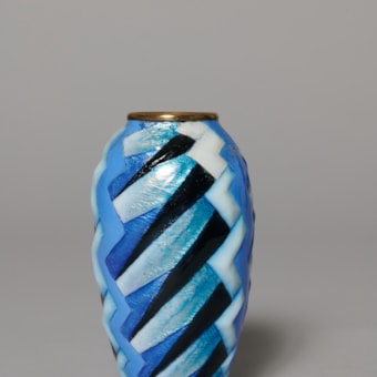 Enameled copper vase Shades of blue in geometric patterns