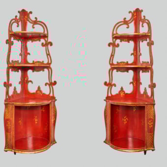 A Pair of Red Lacquer Corner Cabinets