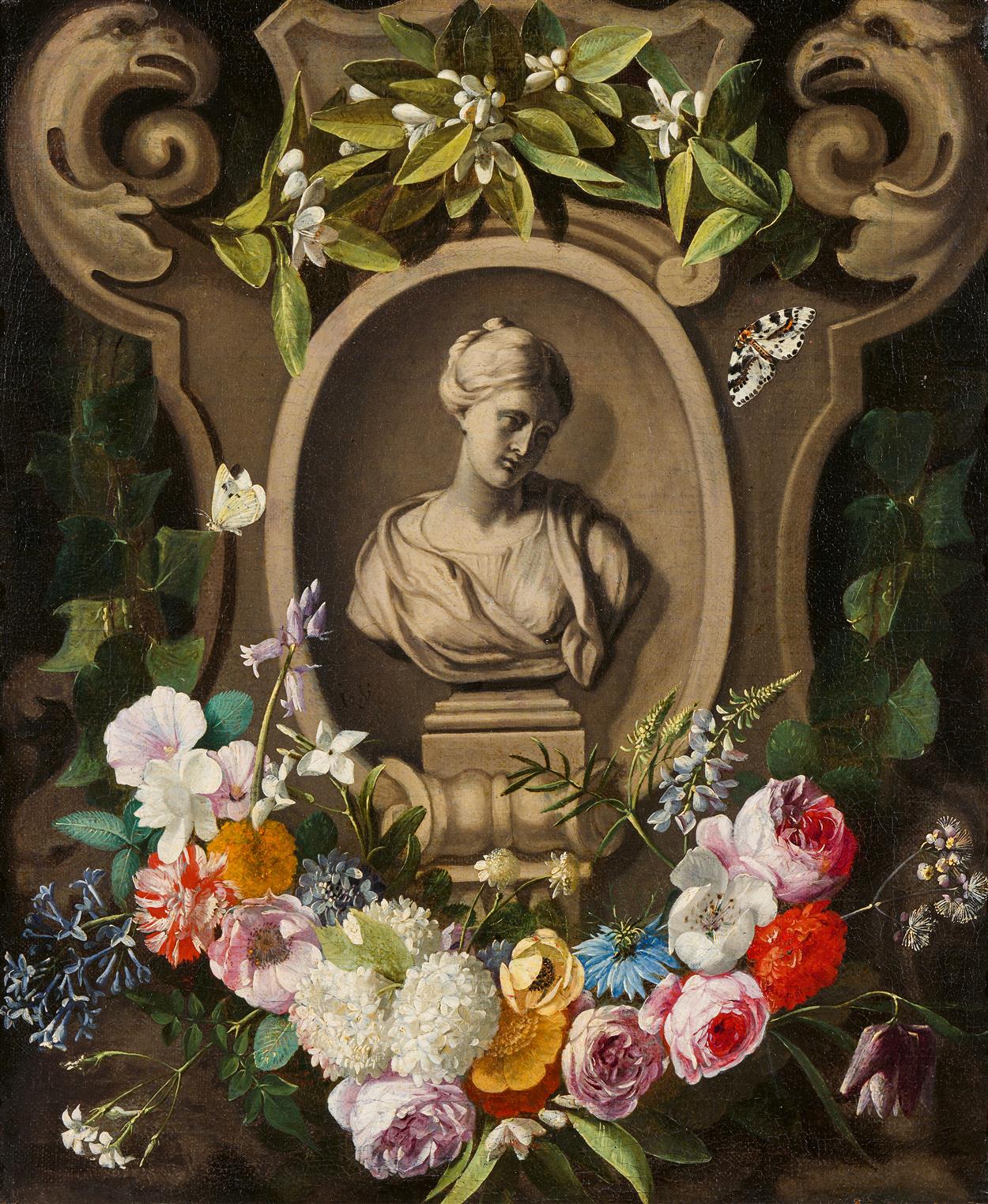 Flower garland and butterflies around a stone bust of a woman