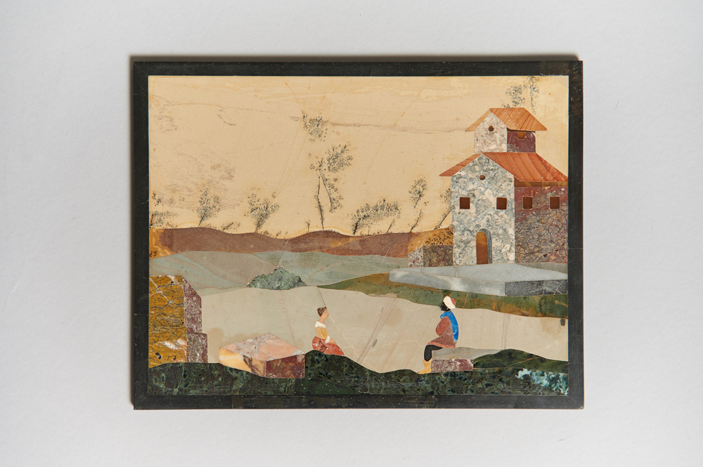 Paire de belles dalles en Pietra Dura « Motifs de paysage avec figures »