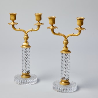 Pair of Crystal and Fire-Gilded Bronze Candelabra